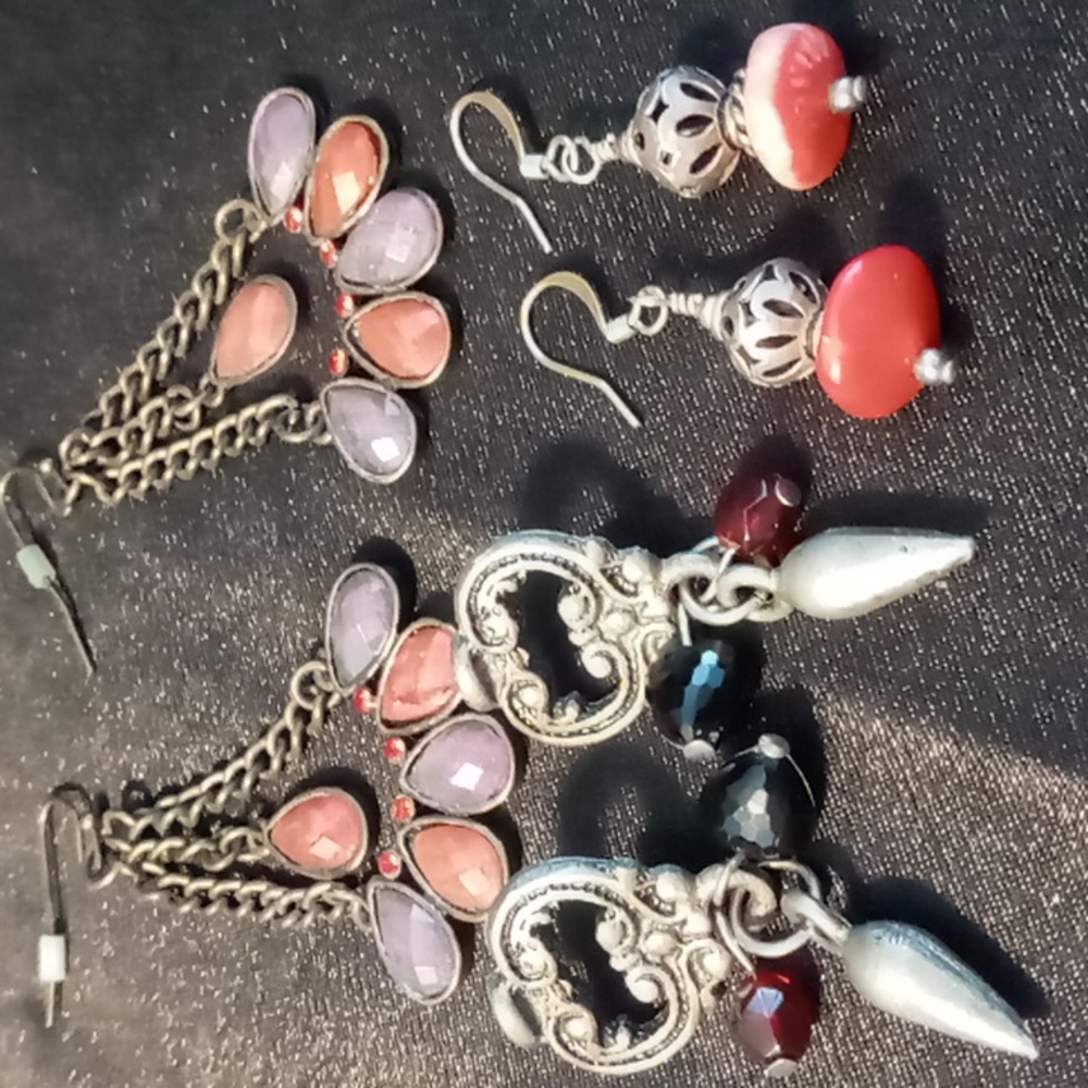 Natural red coral ,crystal cut beaded earrings 3 pair dangling brassy and silver